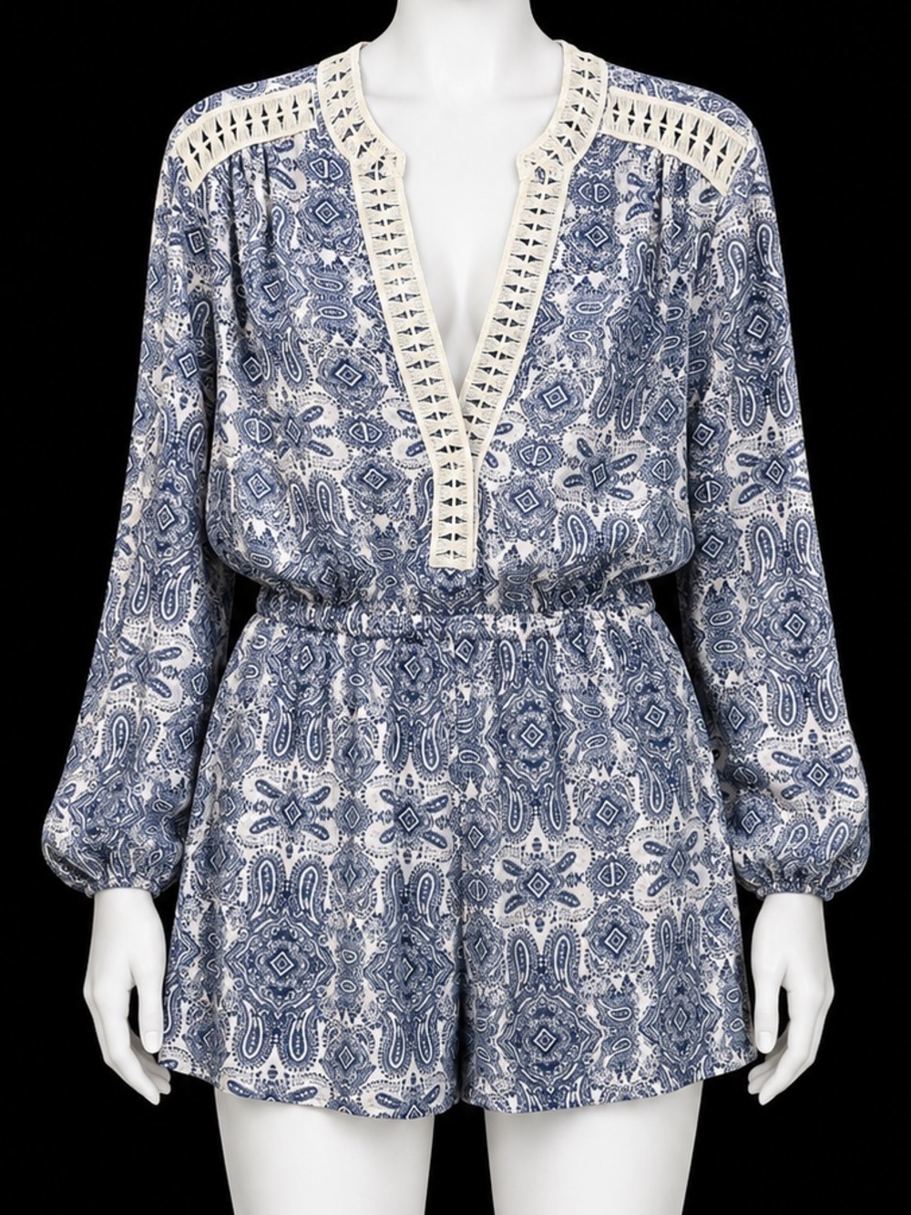 Blue White Paisley Crochet Trim Long Sleeve Romper Boho Festival